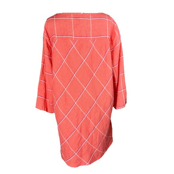 NWT FLAX Linen Medium Salmon Pink Tattersall Dolman Dress Tunic Top Plaid Office - Picture 4 of 7